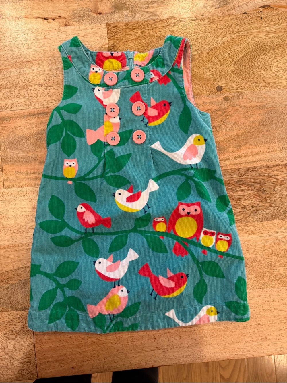 Boden Girls Teal Corduroy Dress with Pink, Red, Yellow & Green Bird Print